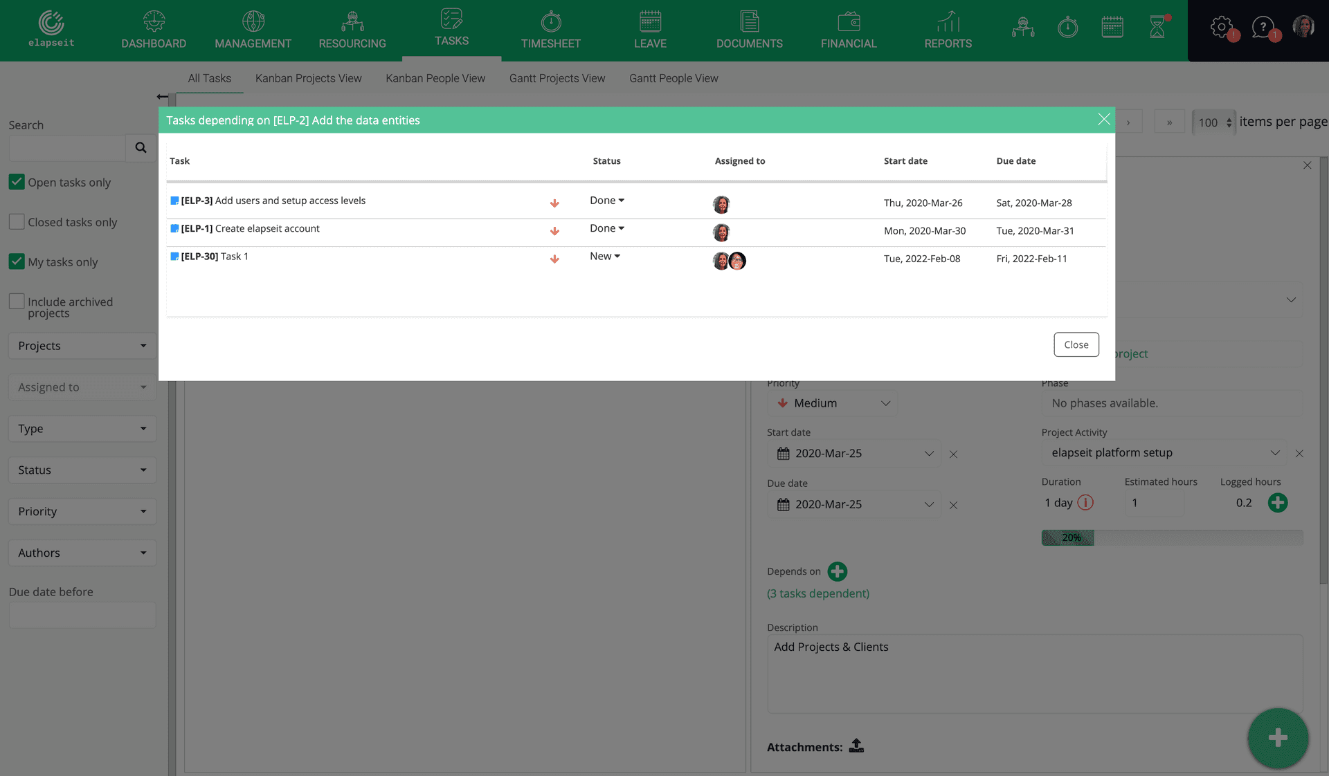 Vizualizati task-urile cu dependinte in modulul Tasks din elapseit.