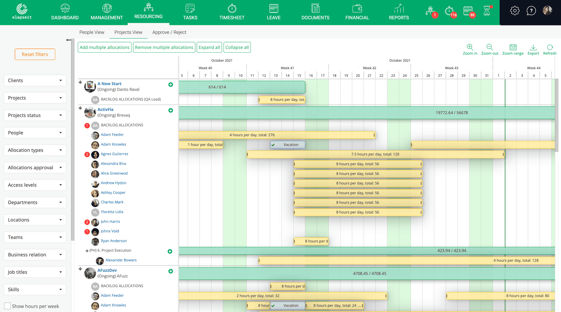 Pagina Proiecte din Planificatorul de Resurse elapseit arata alocarile pentru fiecare proiect.